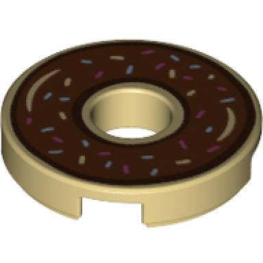 tan tile round 2 x 2 with hole with donut doughnut with reddish brown chocolate frosting and sprinkles pattern