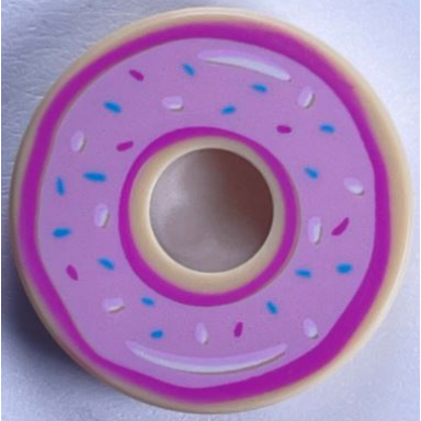 tan tile round 2 x 2 with hole with donut doughnut with bright pink donut frosting and sprinkles pattern