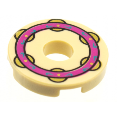 tan tile round 2 x 2 with hole with magenta ring with dark azure filigree and gold jingles pattern musical instrument tambourine
