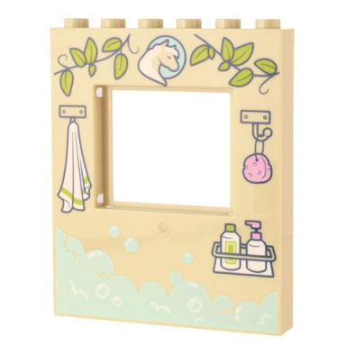 tan panel 1 x 6 x 6 with window with lime vine leaves horse emblem towel and sponge on hooks soap dispencers and light aqua soap suds pattern