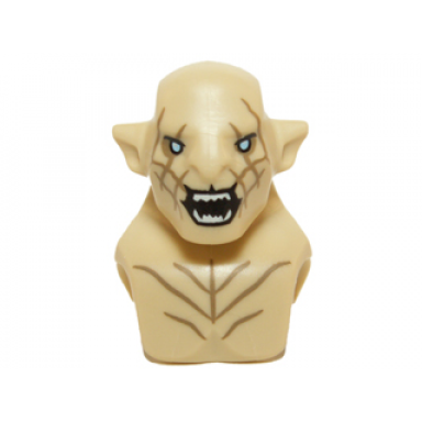 tan minifigure head modified azog with dark tan markings on face and chest light blue eyes and wide open mouth pattern