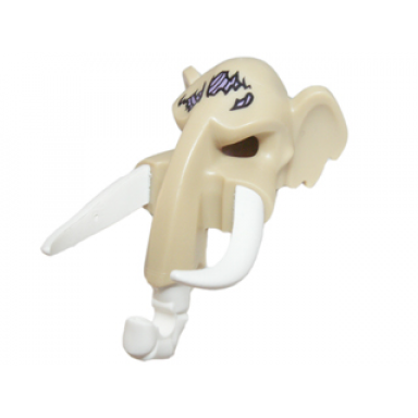 tan minifigure headgear mask mammoth with white rubber tusks and trunk with medium lavender sinew patches on forehead pattern