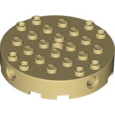tan brick round 6 x 6 with 4 side pin holes and center hole