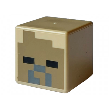 tan minifigure head modified cube with pixelated dark tan face black eyes and dark bluish gray nose and mouth pattern minecraft husk