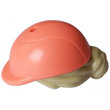 mini doll hair combo hair with hat bun and side bangs hole on top with molded coral horse riding helmet pattern