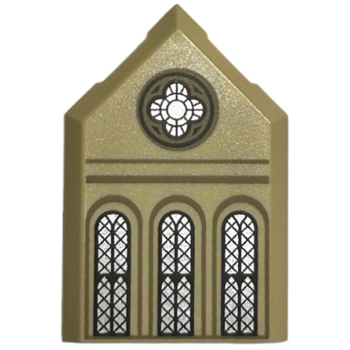 tan tile modified 2 x 3 pentagonal with ornate round and 3 arched silver windows with dark brown lattice dark tan arches and lines pattern
