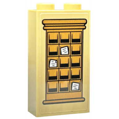 tan brick 1 x 2 x 3 with medium nougat mail organiser cabinet with white papers with black outline pattern sticker - set 76423