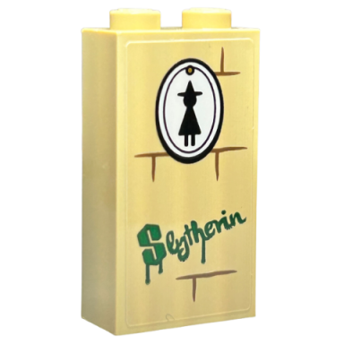 brick 1 x 2 x 3 with white oval painting with black witch silhouette medium nougat mortar and green slytherin graffiti pattern sticker - set 76423