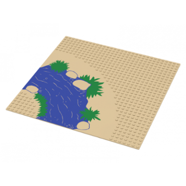 tan baseplate 32 x 32 with 7-stud road curve with rocks blue river and green plants pattern