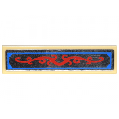 tan tile 1 x 4 with silver mirror with red scrollwork and blue border pattern sticker - set 10235