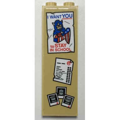 tan brick 1 x 2 x 5 with notice board with captain america i want you to stay in school poster and polaroid photographs pattern sticker - set 76108