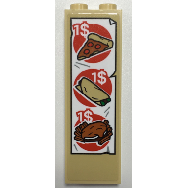 tan brick 1 x 2 x 5 with menu with 1$ for pizza burrito burger and fries pattern sticker - set 76108