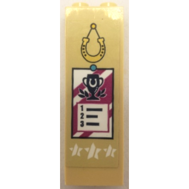 tan brick 1 x 2 x 5 with gold hanging horseshoe white stars and magenta results poster with black trophy and number 1 2 and 3 pattern sticker - set 41367