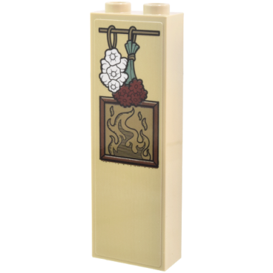tan brick 1 x 2 x 5 with hanging white dried garlic and dark red and sand green flowers above picture of fire pattern sticker - set 21341