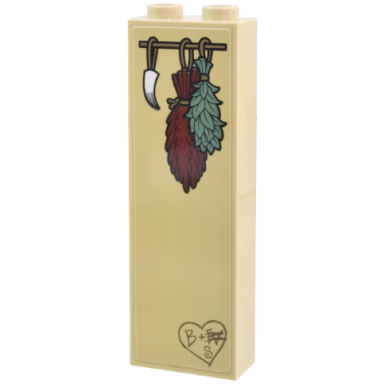 tan brick 1 x 2 x 5 with hanging white tooth dark red and sand green herbs and carved b s in heart pattern sticker - set 21341