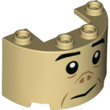 tan cylinder half 2 x 4 x 2 with 1 x 2 cutout with black eyebrows eyes and mouth and dark tan nose and cheek lines pattern grawp face