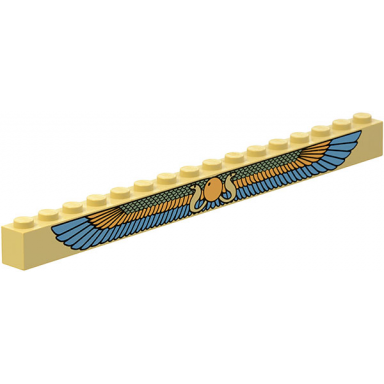 tan brick 1 x 16 with wings green orange blue pattern