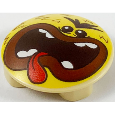 tan plate round 2 x 2 with rounded bottom boat stud with angry face dark brown hair reddish brown lips and wide open mouth with teeth and tongue pattern