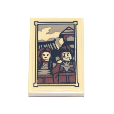 tan tile 2 x 3 with framed picture of 2 minifigures ray and maya with buildings in background pattern sticker - set 71741