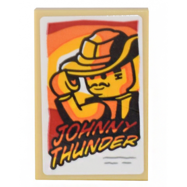 tan tile 2 x 3 with red orange and yellow movie poster minifigure tipping hat and johnny thunder pattern sticker - set 10306