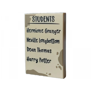 tan tile 2 x 3 with dark tan dirt marks and black students list with hermione granger neville longbottom dean thomas and harry potter pattern