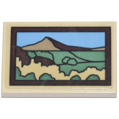 tan tile 2 x 3 with painting with dark tan mountain medium blue sky sand green and tan fields with bushes in dark brown frame pattern sticker - set 76218