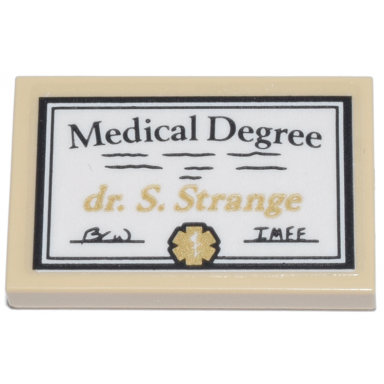 tan tile 2 x 3 with white diploma black medical degree and signatures gold dr s strange and seal pattern sticker - set 76218