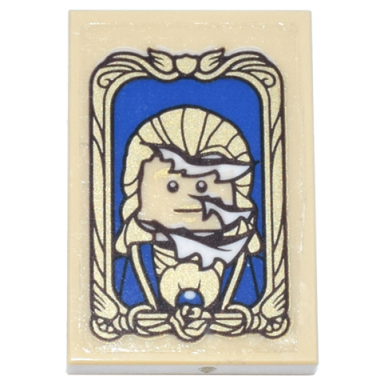 tan tile 2 x 3 with portrait of beast prince adam claw marks and torn canvas ornate gold frame and blue background pattern sticker - set 43263