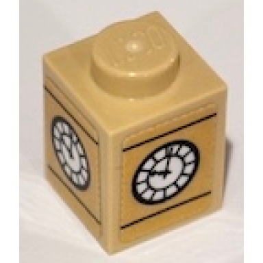 tan brick 1 x 1 with black and white big ben tower clock face pattern on all sides stickers - gear 854012
