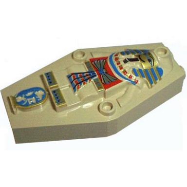 tan container coffin lid with embossed mummy sarcophagus with black blue gold and red pattern