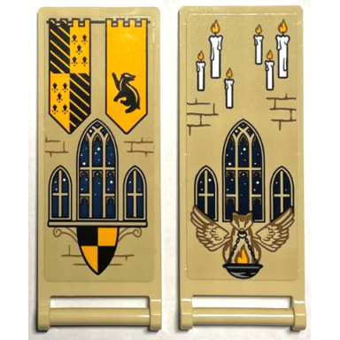 tan flag 7 x 3 with bar handle with hufflepuff banners shield windows bricks and 6 candles pattern stickers - set 76399