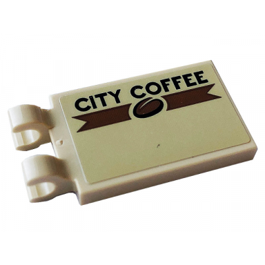 tan tile modified 2 x 3 with 2 open o clips with black city coffee and bean pattern model left side sticker - set 60233