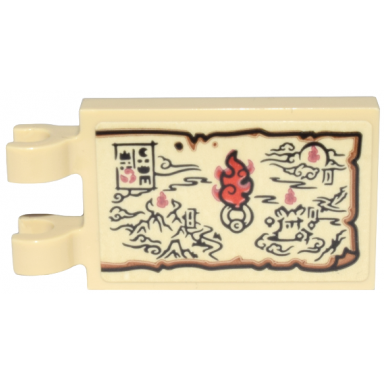 tan tile modified 2 x 3 with 2 open o clips with parchment map with mountains clouds and red fire ring pattern sticker - sets 80031 80033 80036 80037 80038