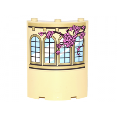 tan cylinder quarter 4 x 4 x 6 with curved lattice windows and vine with pink roses pattern model right side sticker - set 41067