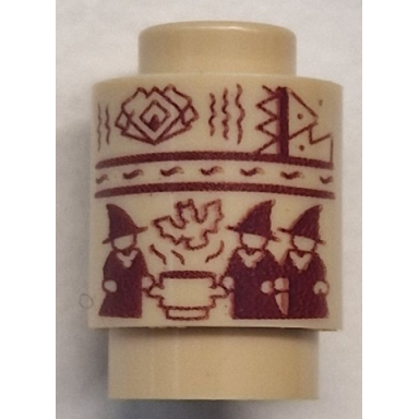 tan brick round 1 x 1 with 3 dark red witches kettle and bat pattern