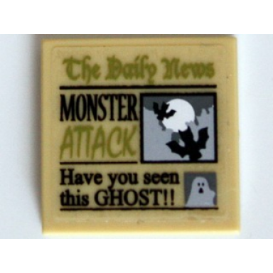 tan tile 2 x 2 with newspaper the daily news monster attack and have you seen this ghost!! pattern sticker - set 10228