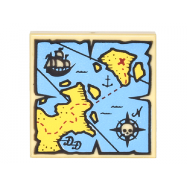 tan tile 2 x 2 with map blue water yellow land black pirate ship compass rose white skeleton head and red x pattern