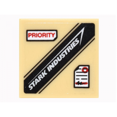 tan tile 2 x 2 with priority stark industries logo and white note with red circle pattern sticker - set 76051