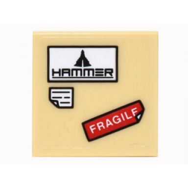 tan tile 2 x 2 with hammer logo red fragile and white note with bent corner pattern sticker - set 76051
