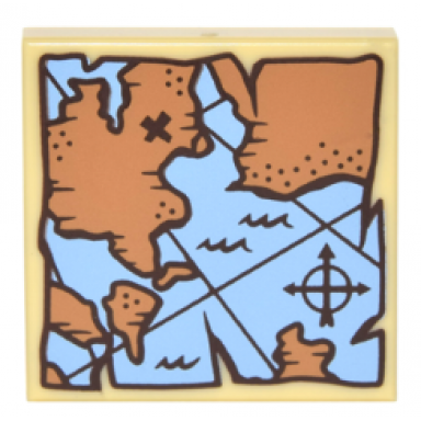 tan tile 2 x 2 with map treasure with compass rose and dark brown x pattern