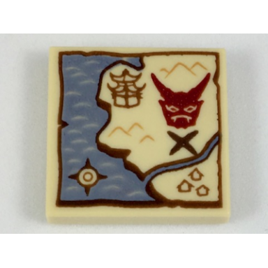 tan tile 2 x 2 with treasure map with sand blue water dark gray x dark red mask pattern