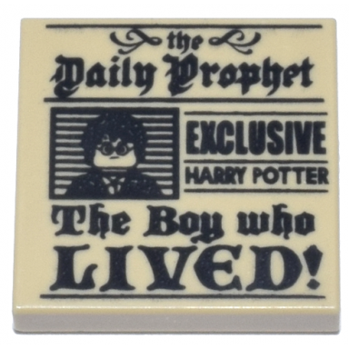 tan tile 2 x 2 with newspaper the daily prophet exclusive harry potter the boy who lived! and image of boy with glasses pattern