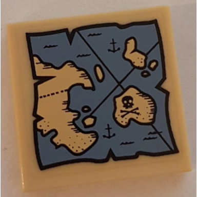 tan tile 2 x 2 with map with blue water tan land anchor and skull with crossed bones pattern sticker - set 70810