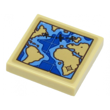 tan tile 2 x 2 with world map with tan land blue water and black airplane pattern sticker - set 40450