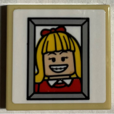 tan tile 2 x 2 with framed minifigure photo with yellow hair red jumper and grin with braces pattern sticker - set 21330