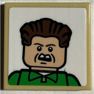 tan tile 2 x 2 with minifigure portrait with dark brown hair green shirt angry face pattern sticker - set 21330