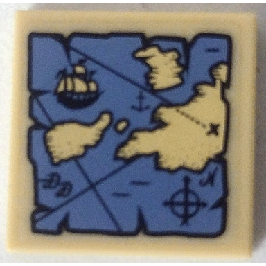 tan tile 2 x 2 with map with blue water tan land ship and compass rose pattern sticker - set 70810