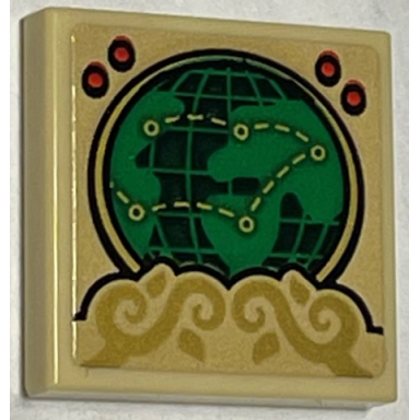 tan tile 2 x 2 with world map with dotted lines red lights and gold scrollwork pattern sticker - set 40499