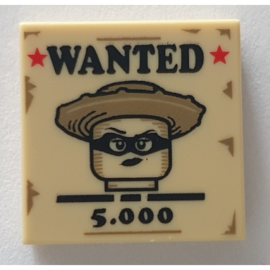 tan tile 2 x 2 with wanted 5.000 red stars and female western bandit minifigure on poster pattern bam