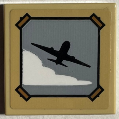 tan tile 2 x 2 with picture of black airplane and white cloud with dark tan tape pattern sticker - set 76403